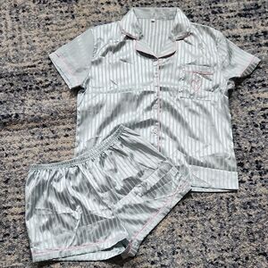 Light Gray & Pink Trim Satin Pajama Set